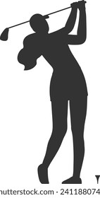 Girl professional player in swing pose. A
golfer woman holds a golf club and golf
ball isolated on white background.Young
golfer woman on the golf course.Flat
Silhouette illustration isolated on white