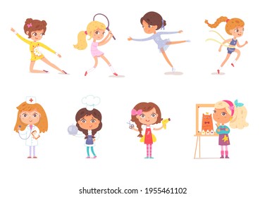 Girl professions and sports set. Kids with professional occupations vector illustration. Nurse, cook, painter, haidresser, sportswomen: gymnastics, tennis, figure skating, athletics.