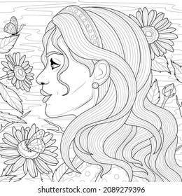 Girl in profile among the daisies.Coloring book antistress for children and adults. Illustration isolated on white background.Zen-tangle style. Hand draw