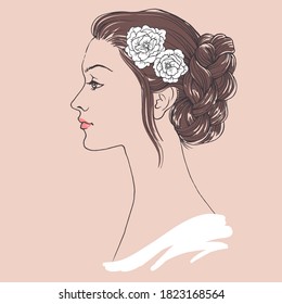 Girl in profile with hairstyle braid, vector linen illustration.