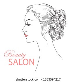 Girl in profile with hairstyle braid, vector linen illustration, template for Beauty Salon.