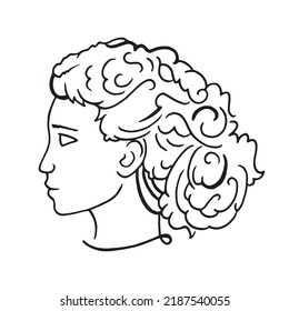 Niña del perfil dibujada con la mano sólo la cabeza con el pelo hermoso, gráfico original de ilustración de contorno. Detalle del logotipo del dibujo lateral del retrato femenino. Logo femenino con un corte de pelo impresionante y silueta de maquillaje. 