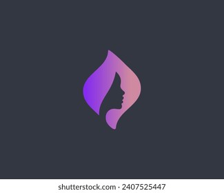 Logo del perfil de la chica. Blootipo de la cara y la hoja de la mujer. Cartel creativo para el cuidado del cabello de champú. Señal del cosmetólogo del salón de belleza. Ilustración vectorial.