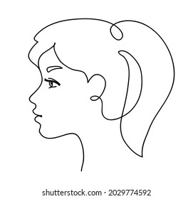 Girl profile with long hair. Portrait female beauty concept. Continuous line drawing vector illustration