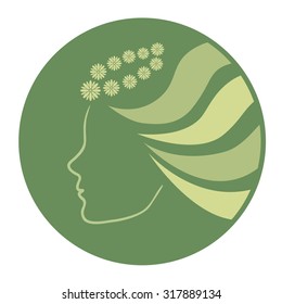 A girl in profile with long wavy hair in a wreath of daisies. Vector isolated on white background logo element - Shutterstock ID 317889134