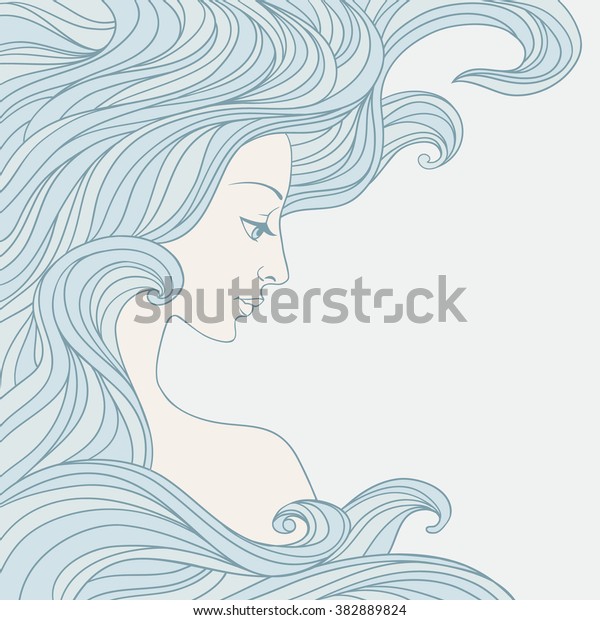 Girl Profile Long Wavy Hair Hand Stock Vector Royalty Free 382889824