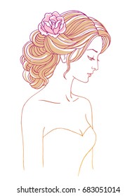 Girl in profile with wedding hair style with flowers, hand drawn sketch vector outline illustration for invitation and bridal shower.