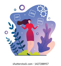 Girl Programmer after Work Day, Cartoon Flat. Girl Chooses Real Paradise for Lovers Relaxing Holiday and Beautiful Landscapes. Flyer Rest from Work Freelancer. Vector Illustration.