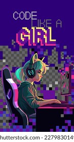 Girl programmer with a cat ears headset sits in front of a computer. Side view, cartoon anime style. Vector character isolated on an absctract pixel background