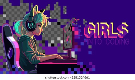 Girl programmer with a cat ears headset sits in front of a computer. Side view, cartoon anime style. Vector character isolated on an absctract pixel background