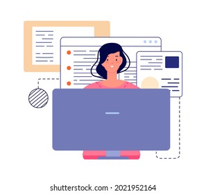 Girl programmer character. Woman writer, blogger or site developer. Female work on computer, freelance vector illustration