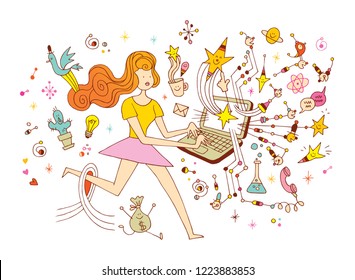 Girl programmer - startup creative business launch success laptop computer innovation freelance working concept cartoon illustration