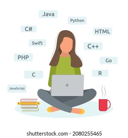 Girl programmer is studying programming languages on online courses at home. The woman works at the laptop. Student. Remote work. Flat style. Vector