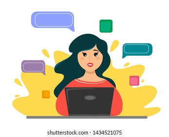 The girl programmer works on a laptop, coffee stands next to it. Vector illustration of a flat style.