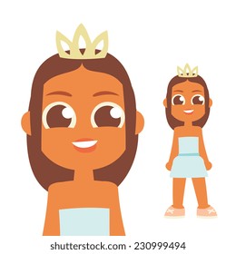 Girl prom queen, little princes, cartoon flat style character, isolated vector illustration. Design for stickers, logo, web and mobile app.