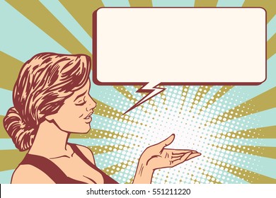 girl promoter, hand gesture, pop art retro vector illustration