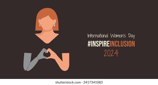 Girl with prosthesis or disability on InspireInclusion International Women's Day banner. Minimalist illustration with Inspire Inclusion slogan. Woman fold her bionic mechanism hands as heart IWD 2024.