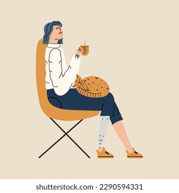 A girl with a prosthesis sits on a chair with a cat and drinks tea. Vector illustration in hand drawn style