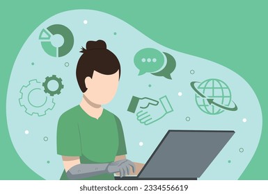 Girl with prosthetic arm working on a laptop with business icons on a background