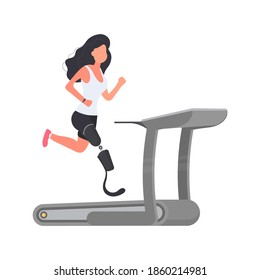A girl with a prosthetic leg runs on a treadmill. Vector.