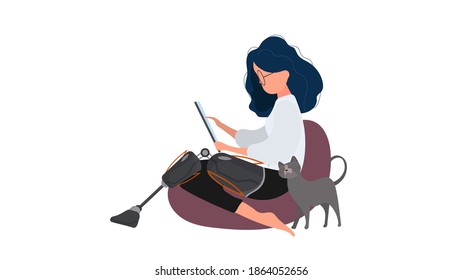 A girl with a prosthetic leg sits on a pouf. The concept of people with additional needs. Vector.