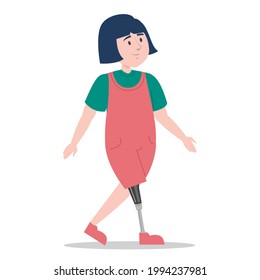 Girl With Prosthetic Leg Walking Vector Isolated. Bionic Limb, Amputee Child. Concept Of People With Disability. Happy Little Kid.