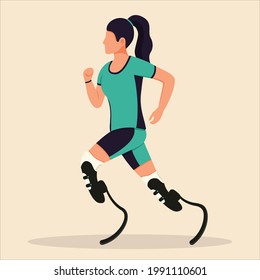 A girl with prosthetic legs is running. A disabled woman is running. Rehabilitation for the disabled. Vector illustration.