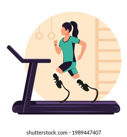 A girl with prosthetic legs runs on a treadmill. A disabled woman is running. Rehabilitation for Physically Disabled.