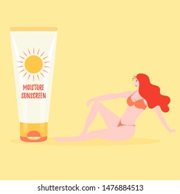 The girl is protected from the sun. Ultraviolet solar radiation. Sun protection cream. Moisture Sunscreen. Vector editable illustration