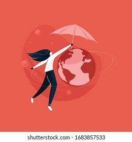 girl protecting planet with umbrella, save the planet earth concept, world environment day vector illustration