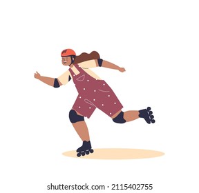 Girl In Protective Helmet Rolling On Roller Skates. Kid Skating On Roller Blades. Young Child Training, Exercising And Doing Sport Hobby Activity. Cartoon Flat Vector Illustration