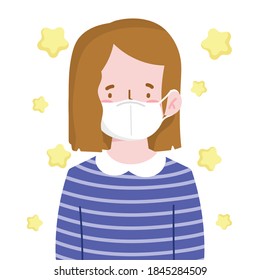 girl with protective mask cartoon character new normal vector illustration