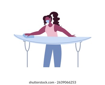 Girl in protective mask polishes surfboard. Vector illustration Surfboard Shaper.