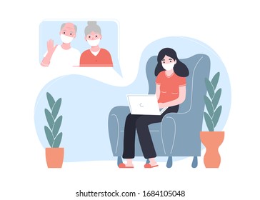 Girl in a protective medical mask girl communicates on the internet online with grandparents. Stay home concept.  Ncov, covid 2019, prevention Coronovirus concept. Novel coronavirus pandemic. 