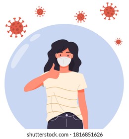The girl in a protective medical mask holds a thumb up. Flying pathogens of the virus, the girl is protected from the virus by an shell. Vector flat illustration. Stop coronavirus concept