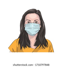 girl in protective medical mask on a white background drawing