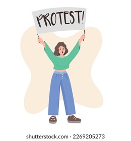 girl protesting with banner. Cartoon style. Vector illustration.