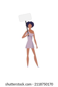 The girl is protesting with an empty transporter in her hands. Flat style. Vector.