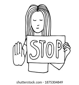 Girl of protesting holding placard with word stop. Woman taking part in political meeting, parade or rally. Feminist demonstration women power movement rights protection concept. Protester or activist