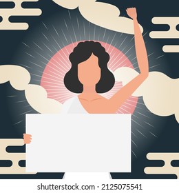 The girl protests with a banner. Chinese style banner. Protest concept. Vector illustration.