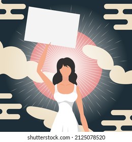 The girl protests with a banner. Chinese style banner. The concept of expressing thoughts, dissatisfaction and protests. Vector.