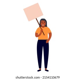 The girl protests with a banner. Girl holding a blank poster with place for text.Vector flat illustration. Isolated on white background.