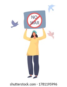 Girl Protests with a Poster No war. International Peace Day. No Annexation of Territories. Birds on Background. Flat Vector Illustration
