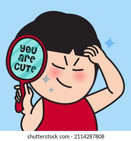 Girl Proud Of Her Beautiful Touching Haircut With Confident Expression. Beauty And Style Concept Card Character illustration