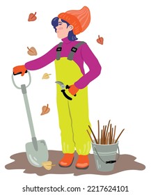 Girl is pruning bushes in autumn garden. Hand drawn vector illustration. Suitable for website, stickers, postcards.