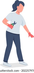 Girl with pruning shears semi flat color vector character. Full body person on white. Spring garden clean up isolated modern cartoon style illustration for graphic design and animation