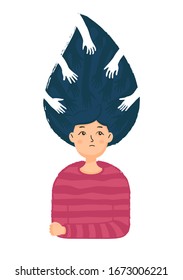 Girl with a psychological illness. Banner about a panic attack or anxiety. The concept of depression. Vector illustration isolated on white background