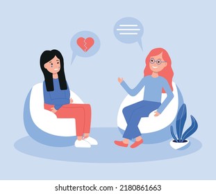 A girl at a psychologist's appointment is in a bad mood flat vector illustration. Psychotherapist provides psychological assistance for broken heart, mental health, depression