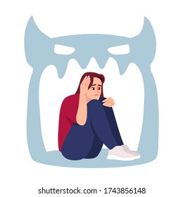 Girl With Psychosis Semi Flat RGB Color Vector Illustration. Depressed Woman Haunted By Inner Demon Isolated Cartoon Character On White Background. Psychological Stress, Psychiatric Disorder