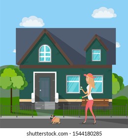 
Girl with a pug. The girl walks with a dog on the background of the house. Girl in a hat, pug, house, trees, a bench. Vector illustration.